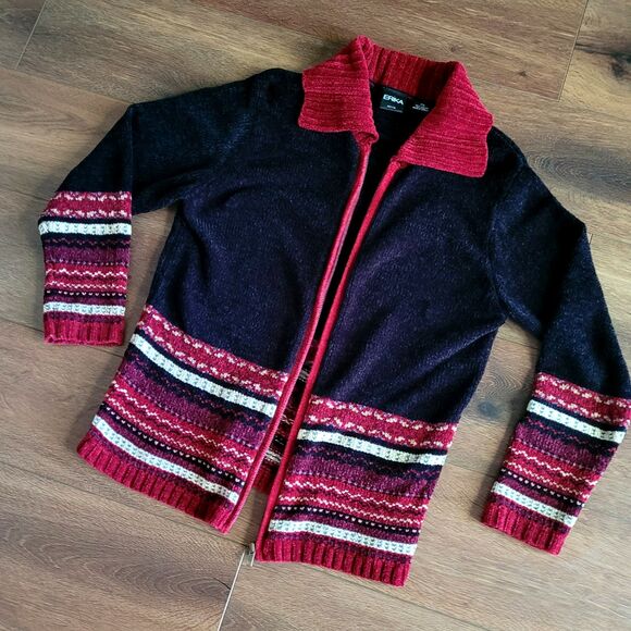 Vintage ERIKA Petite Womens Size PS Knit Cardigan Full Zip Sweater Black Stripes - Picture 10 of 16